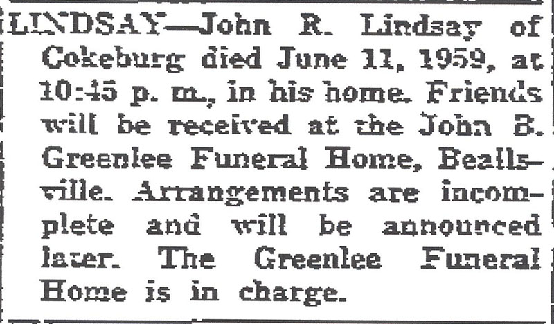 John R. Lindsay funeral notice